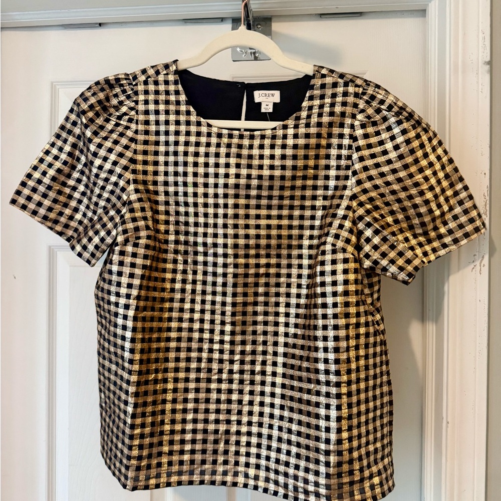 J. Crew Factory Metallic Gold and Black Checkered Party Top